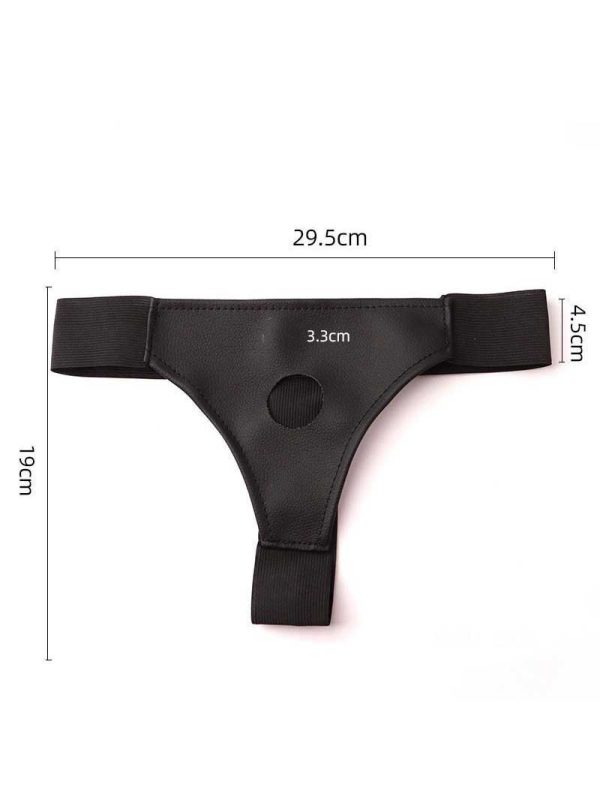 Black strap-on harness with a single opening for versatile use.