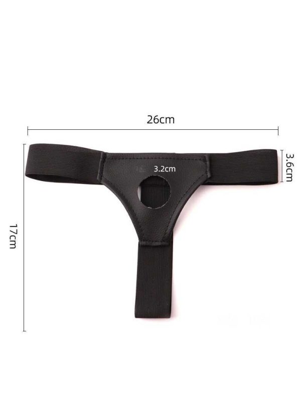 Black strap-on harness with a single opening for versatile use.