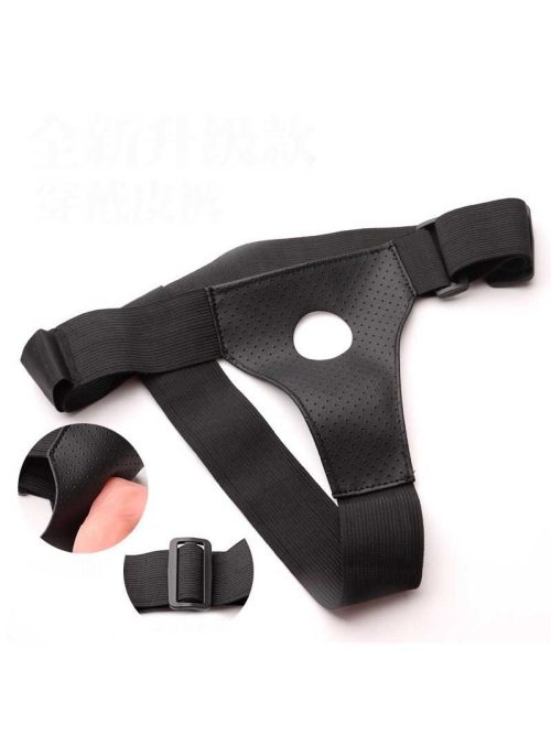 Black strap-on harness with a single opening for versatile use.