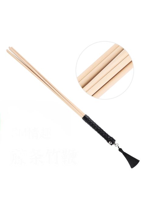 A bamboo whip with a black handle, showcasing its sleek design and craftsmanship