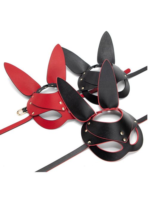A playful bunny mask designed for costumes, featuring long ears and a whimsical expression