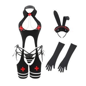 A seductive black bunny nurse lingerie set featuring a playful design with a matching headband and stockings