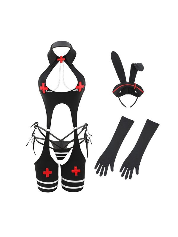 A seductive black bunny nurse lingerie set featuring a playful design with a matching headband and stockings