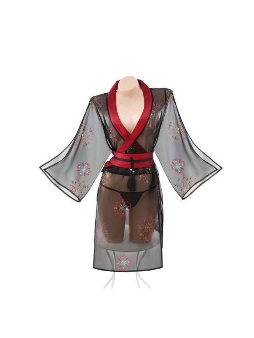 Elegant kimono-style lingerie set featuring delicate patterns and a flattering design