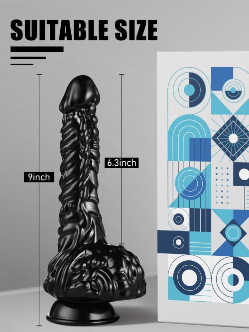 Black dildo with textured surface featuring multiple raised bumps for enhanced stimulation