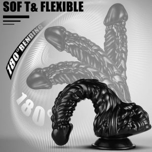Black dildo with textured surface featuring multiple raised bumps for enhanced stimulation
