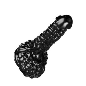 Black dildo with textured surface featuring multiple raised bumps for enhanced stimulation