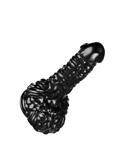 Black dildo with textured surface featuring multiple raised bumps for enhanced stimulation