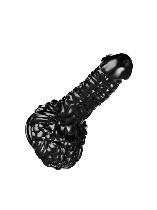 Black dildo with textured surface featuring multiple raised bumps for enhanced stimulation