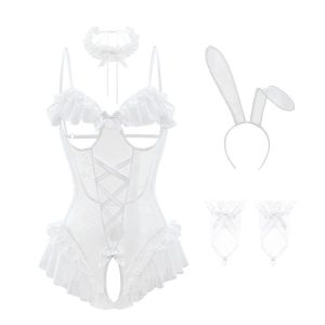 Lace trim bustless bunny girl lingerie set showcasing intricate design and seductive style