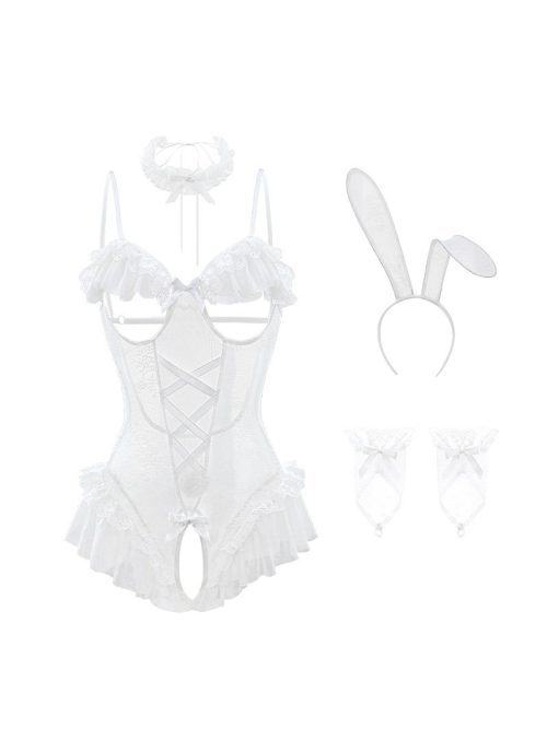 Lace trim bustless bunny girl lingerie set showcasing intricate design and seductive style