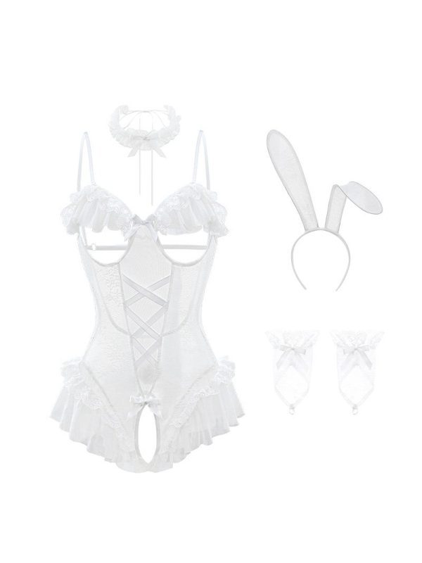 Lace trim bustless bunny girl lingerie set showcasing intricate design and seductive style
