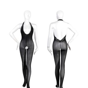 Black bodystocking with a halter neck, open-crotch design, and backless style