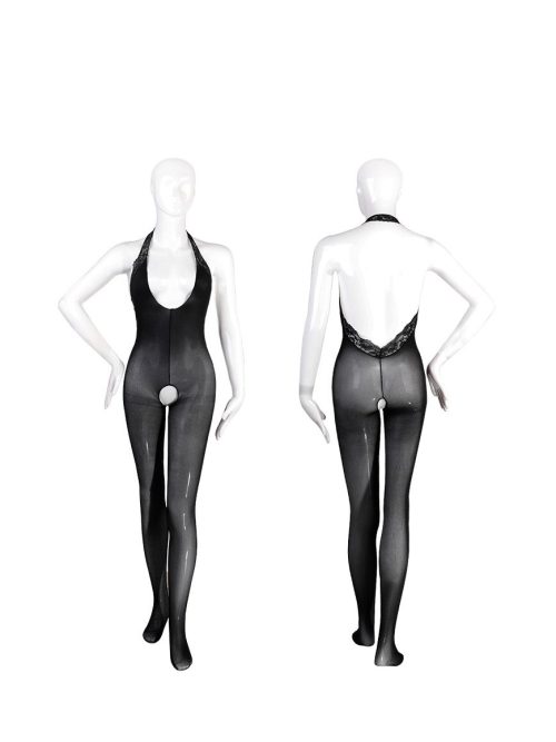 Black bodystocking with a halter neck, open-crotch design, and backless style