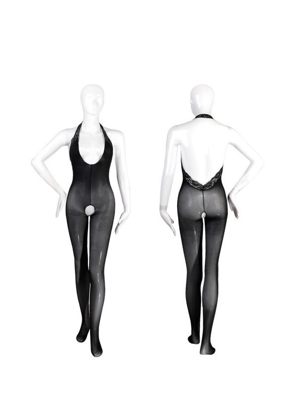 Black bodystocking with a halter neck, open-crotch design, and backless style
