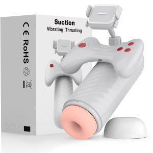 A male masturbators featuring a built-in phone holder for hands-free enjoyment