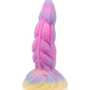 Pink dragon-shaped silicone dildo with intricate design and smooth texture