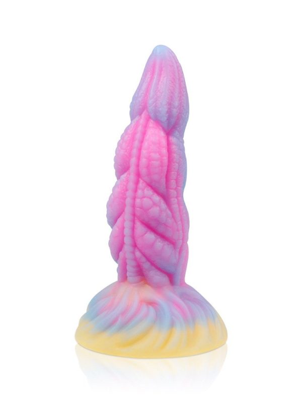 Pink dragon-shaped silicone dildo with intricate design and smooth texture