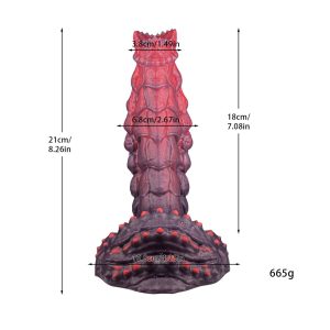 Red silicone dildo with a textured scale pattern design