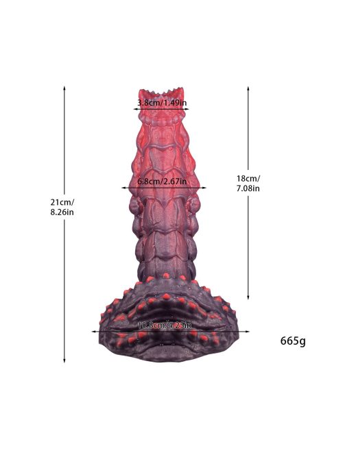 Red silicone dildo with a textured scale pattern design