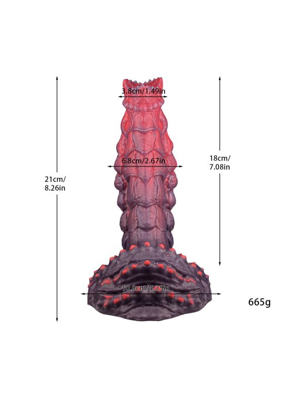 Red silicone dildo with a textured scale pattern design