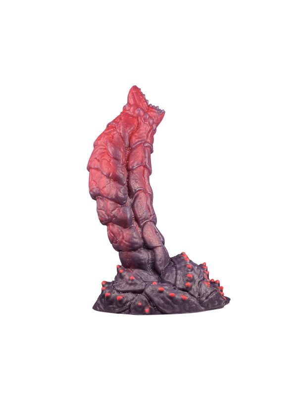 Red silicone dildo with a textured scale pattern design