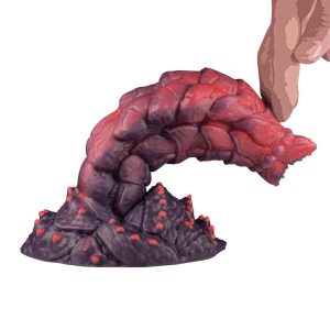 Red silicone dildo with a textured scale pattern design