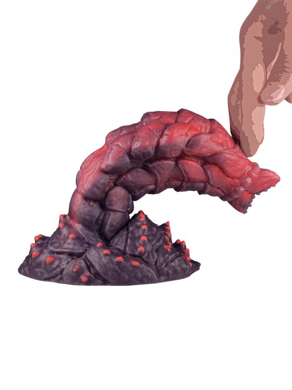 Red silicone dildo with a textured scale pattern design