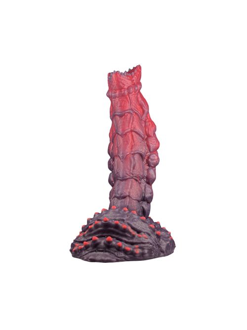 Red silicone dildo with a textured scale pattern design