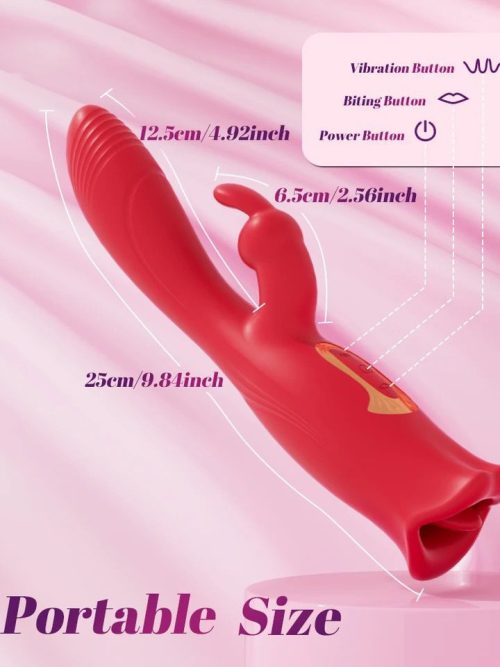 A red vibrator featuring one side shaped like lips and the other side resembling a dildo, designed for versatile pleasure