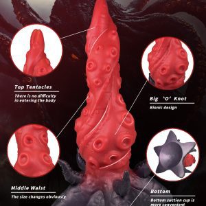 Red tentacle-shaped silicone dildo showcasing unique design and realistic texture
