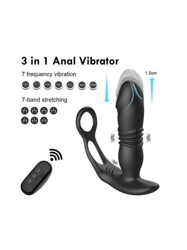Black penis ring with retractable penis feature for adjustable fit and enhanced pleasure
