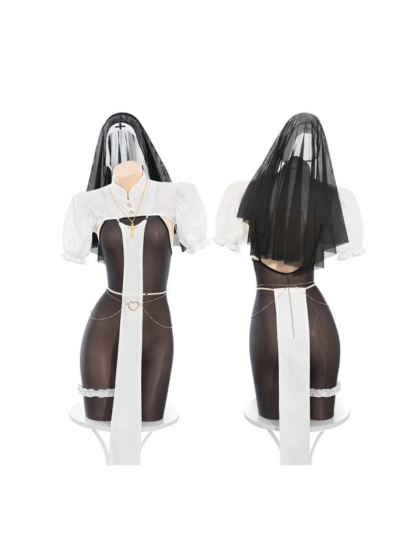 Nun-inspired lingerie set featuring elegant lace and satin details, designed for a seductive yet playful look
