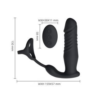 Black triangular penis ring with retractable dildo for enhanced pleasure and performance